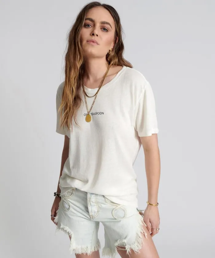 Women One Teaspoon Tees and Tanks ONE TEASPOON LINEN WIDE NECK TEE WHITE