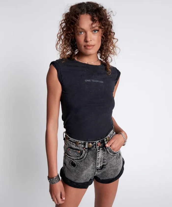 Women One Teaspoon Tees and Tanks ONE TEASPOON ORGANIC FITTED LOGO TEE BLACK