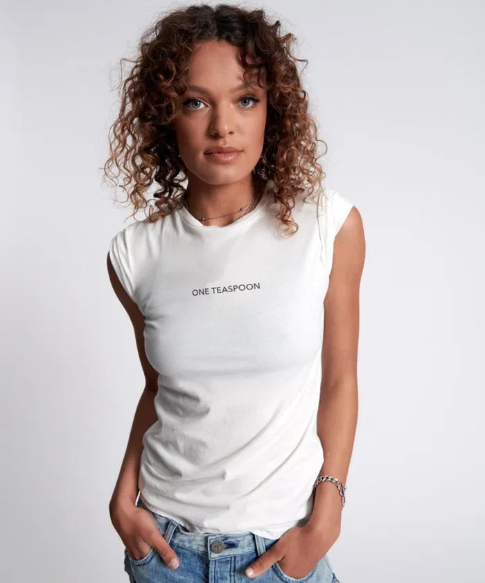 Women One Teaspoon Tees and Tanks ONE TEASPOON ORGANIC FITTED LOGO TEE WHITE
