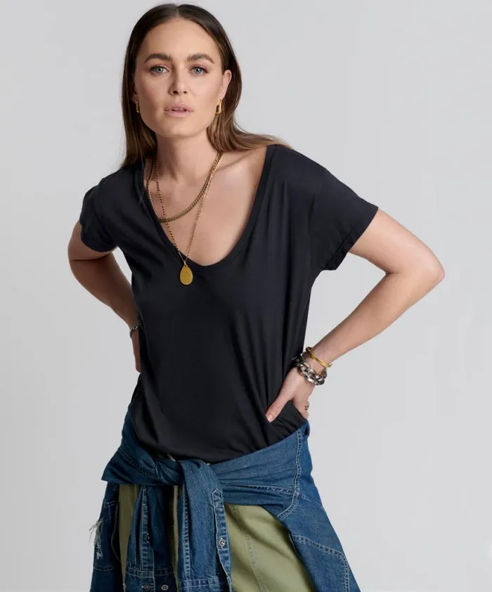 Women One Teaspoon Tees and Tanks ONE TEASPOON ORGANIC SCOOP NECK BASIC TEE BLACK