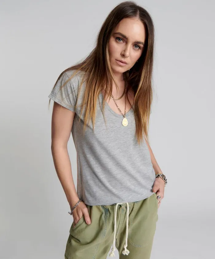 Women One Teaspoon Tees and Tanks ONE TEASPOON SCOOP NECK BASIC TEE GREY