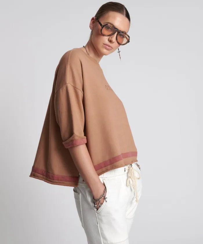 Women One Teaspoon Tees and Tanks OTS SWEAT TEE BROWN Women One Teaspoon Tees and Tanks OTS SWEAT TEE BROWN