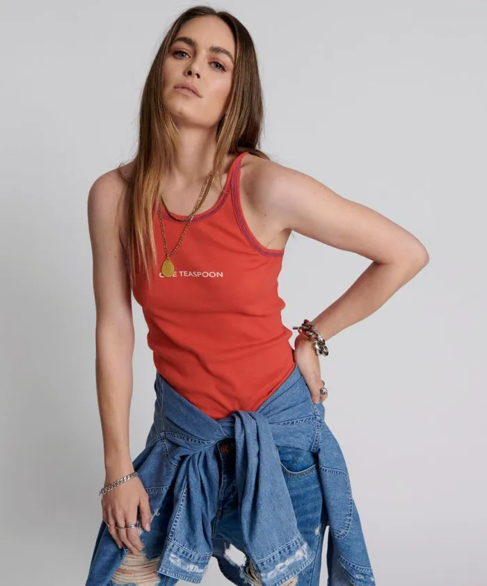 Women One Teaspoon Tees and Tanks RED ONE TEASPOON LOGO SINGLET