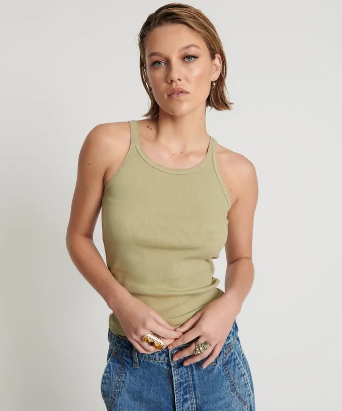 Women One Teaspoon Tees and Tanks SAGE GREEN BAMBOO LOGO SINGLET