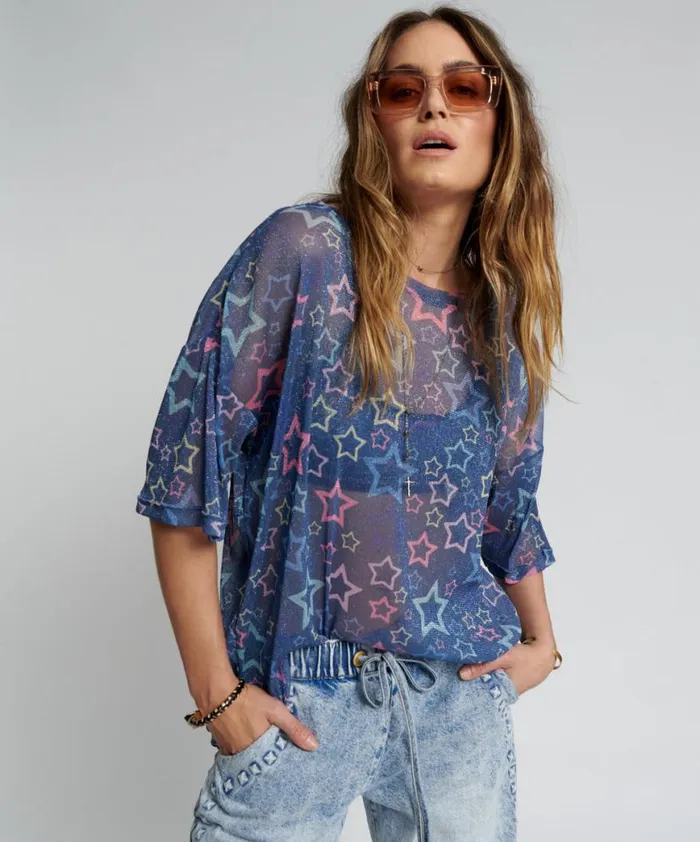 Women One Teaspoon Tees and Tanks SENSORY STAR OVERSIZED MESH TEE