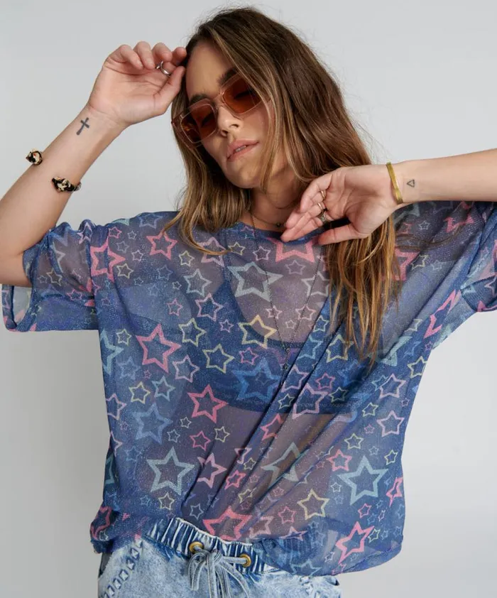 Women One Teaspoon Tees and Tanks SENSORY STAR OVERSIZED MESH TEE Women One Teaspoon Tees and Tanks SENSORY STAR OVERSIZED MESH TEE