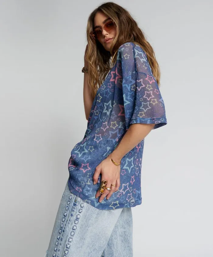 Women One Teaspoon Tees and Tanks SENSORY STAR OVERSIZED MESH TEE Women One Teaspoon Tees and Tanks SENSORY STAR OVERSIZED MESH TEE