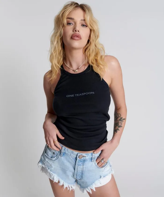 Women One Teaspoon Tees and Tanks WASHED BLACK LOGO SINGLET