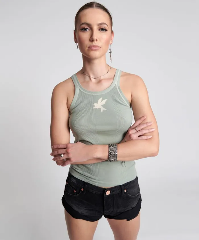 Women One Teaspoon Tees and Tanks WASHED KHAKI BOWER BIRD SINGLET