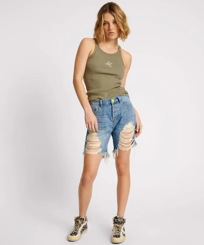 Women One Teaspoon Tees and Tanks WASHED KHAKI ONE TEASPOON RIB SINGLET Women One Teaspoon Tees and Tanks WASHED KHAKI ONE TEASPOON RIB SINGLET