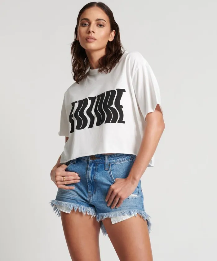 Women One Teaspoon Tees and Tanks WHITE CROPPED FUTURE TEE