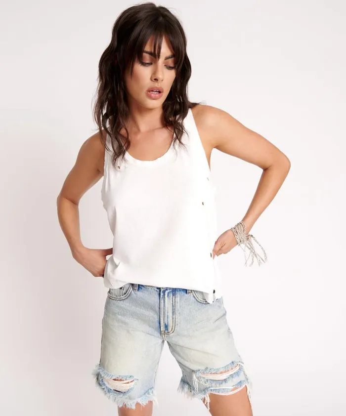 Women One Teaspoon Tees and Tanks WHITE RIBBED DISTRESSED DADDIO SINGLET