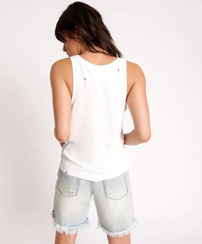 Women One Teaspoon Tees and Tanks WHITE RIBBED DISTRESSED DADDIO SINGLET Women One Teaspoon Tees and Tanks WHITE RIBBED DISTRESSED DADDIO SINGLET