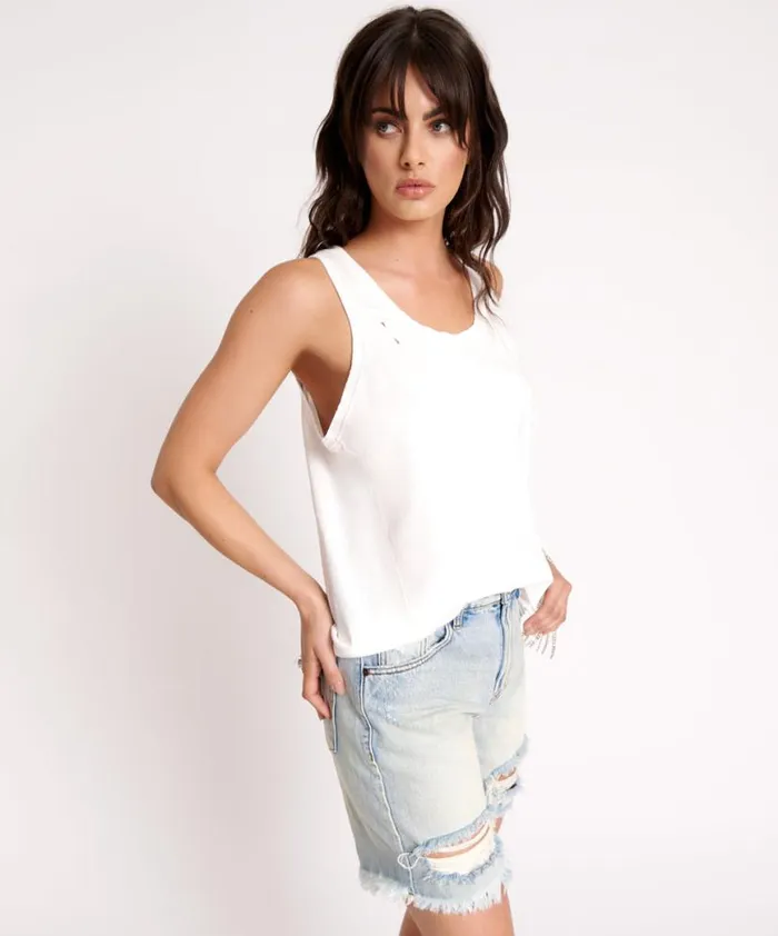 Women One Teaspoon Tees and Tanks WHITE RIBBED DISTRESSED DADDIO SINGLET Women One Teaspoon Tees and Tanks WHITE RIBBED DISTRESSED DADDIO SINGLET