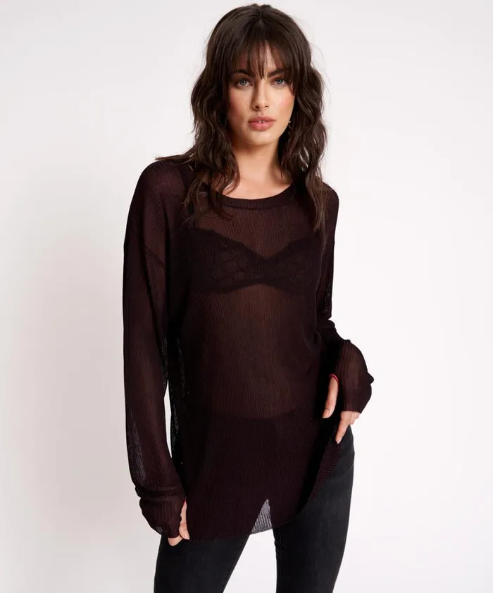 Women One Teaspoon Tops AMITY SHEER RIB KNIT TOP BLACK