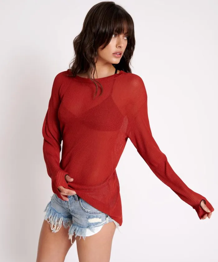 Women One Teaspoon Tops AMITY SHEER RIB KNIT TOP BROWN Women One Teaspoon Tops AMITY SHEER RIB KNIT TOP BROWN