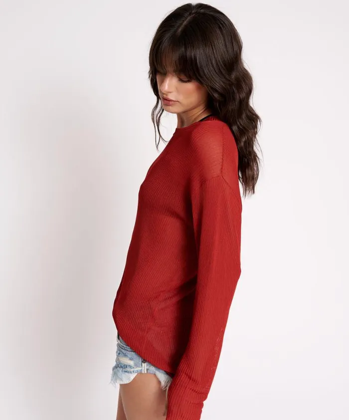 Women One Teaspoon Tops AMITY SHEER RIB KNIT TOP BROWN Women One Teaspoon Tops AMITY SHEER RIB KNIT TOP BROWN