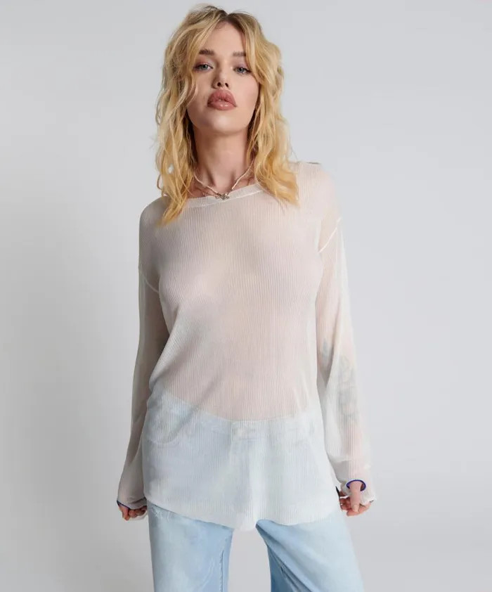 Women One Teaspoon Tops AMITY SHEER RIB KNIT TOP WHITE