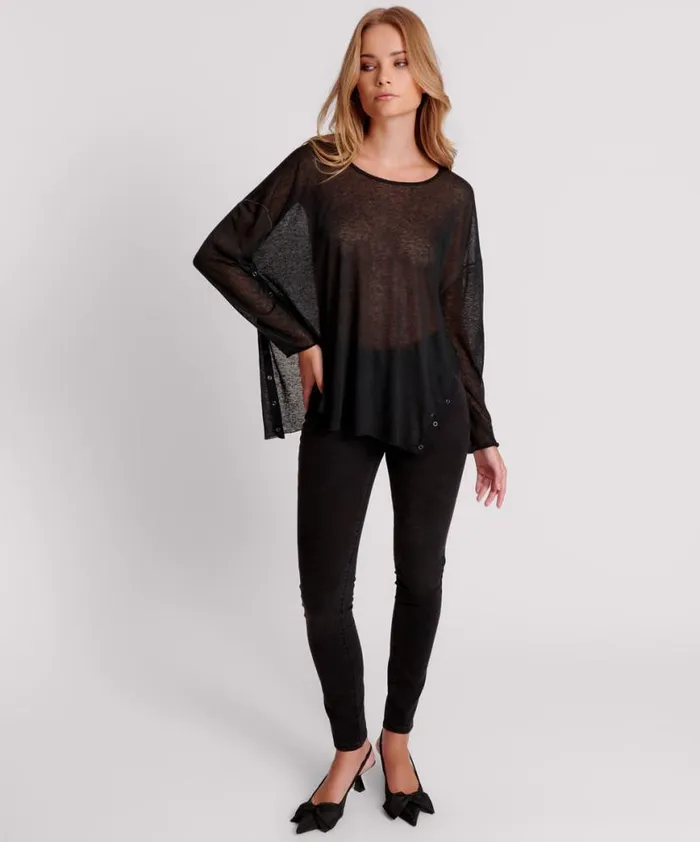 Women One Teaspoon Tops BLACK SPLIT SIDE LONG SLEEVE TEE