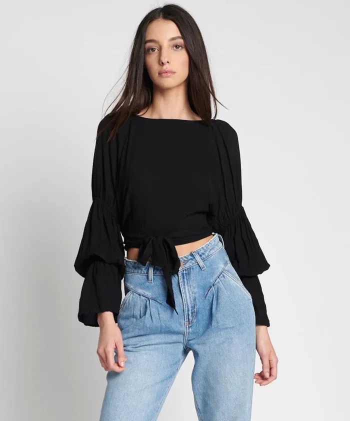 Women One Teaspoon Tops BLACK SUMMER NIGHTS CROP LONGSLEEVE TOP