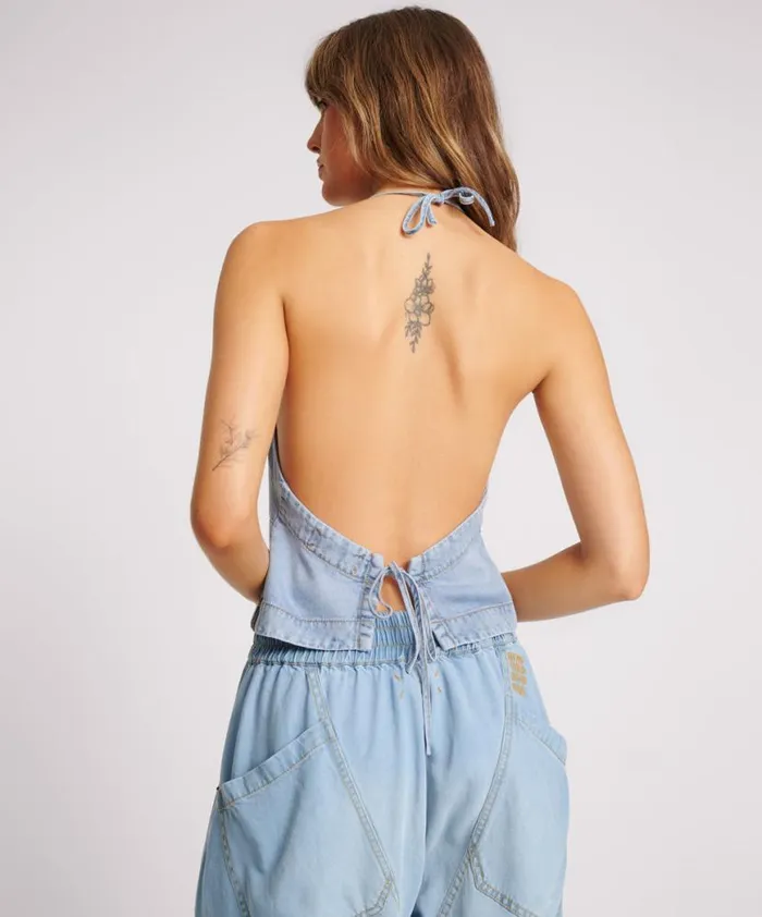 Women One Teaspoon Tops SOFT BLUE TENCEL HALTER TOP Women One Teaspoon Tops SOFT BLUE TENCEL HALTER TOP