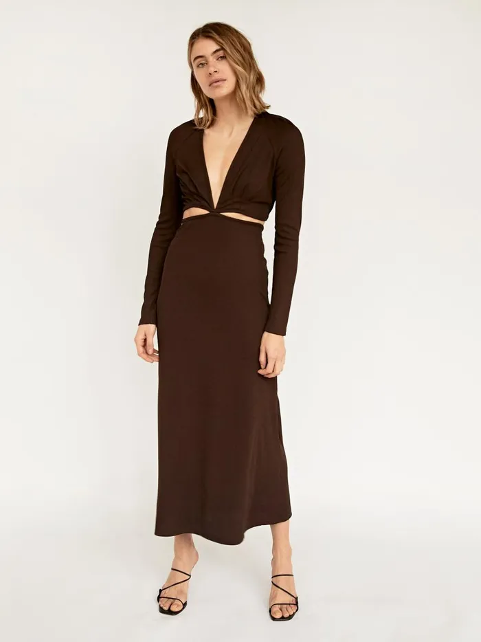Women Open Tie Back Long Sleeve Dress Chocolate The UNDONE Dresses Women Open Tie Back Long Sleeve Dress Chocolate The UNDONE Dresses
