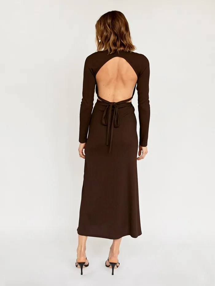 Women Open Tie Back Long Sleeve Dress Chocolate The UNDONE Dresses Women Open Tie Back Long Sleeve Dress Chocolate The UNDONE Dresses