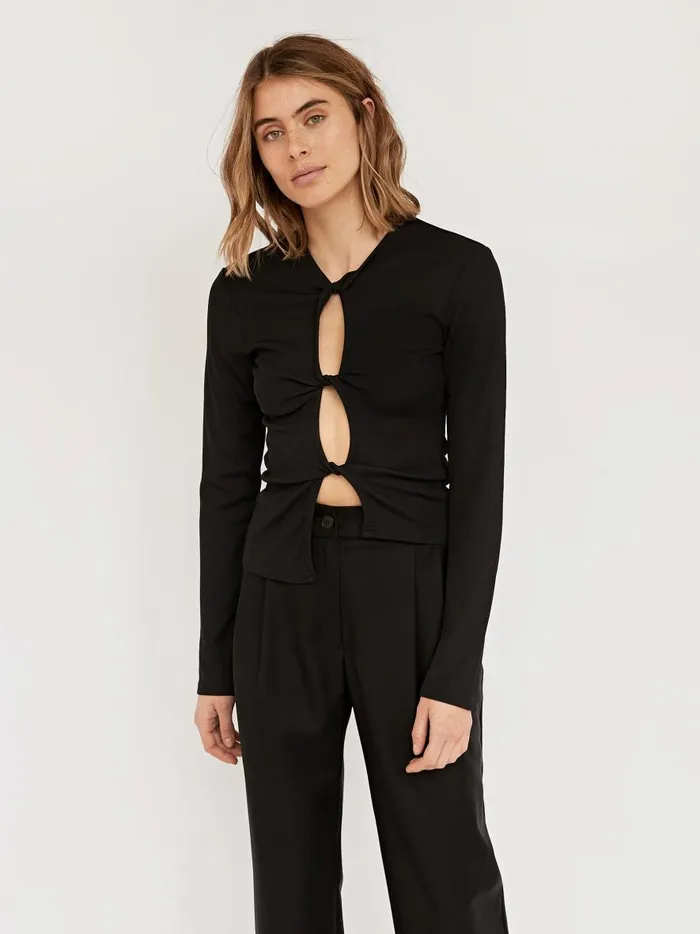 Women Open Twist Long Sleeve Top Black The UNDONE Tops