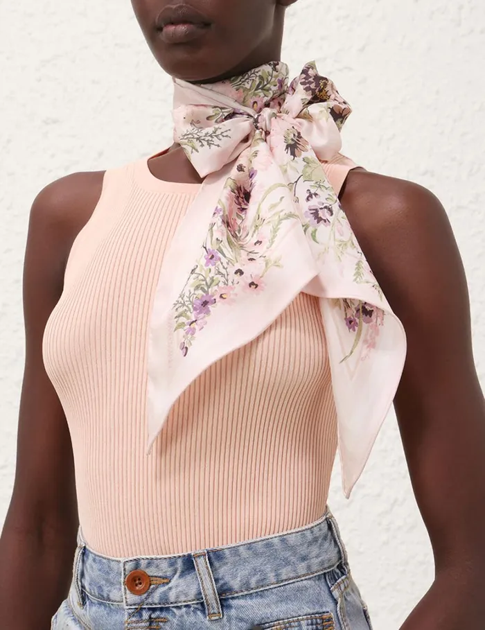 Women Scarves Zimmermann Printed Silk Neck Scarf Cream Multi Floral