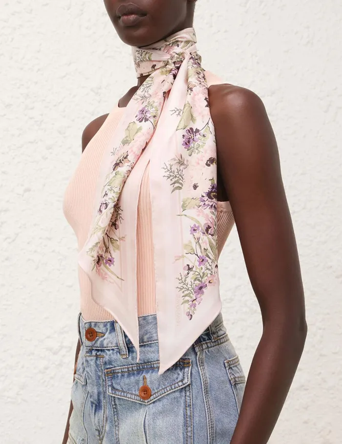 Women Scarves Zimmermann Printed Silk Neck Scarf Cream Multi Floral