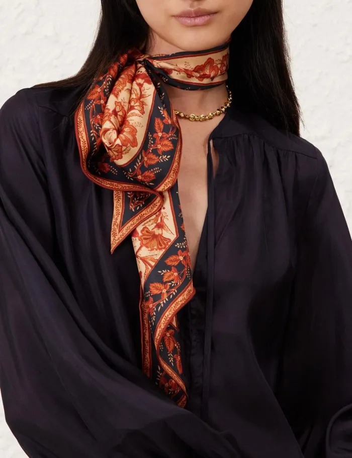 Women Scarves Zimmermann Printed Silk Neck Scarf Dark Navy Floral