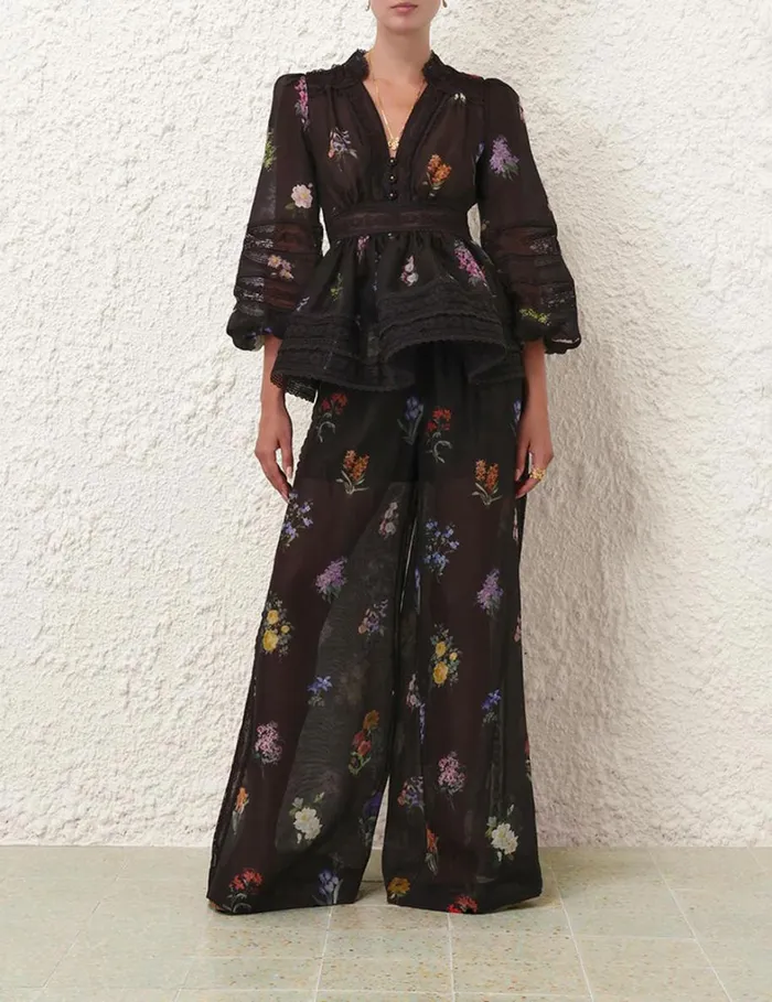 Women Shorts and Pants Zimmermann Natura Pintuck Lace Pant Multi Botanical Black