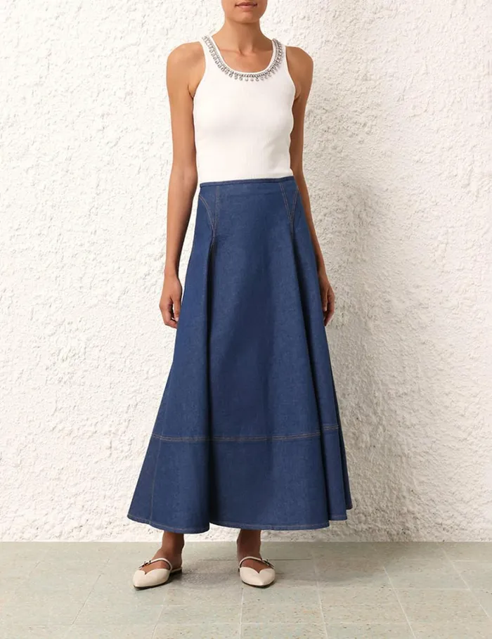 Women Skirts Zimmermann Matchmaker Denim Flare Skirt Railway Blue
