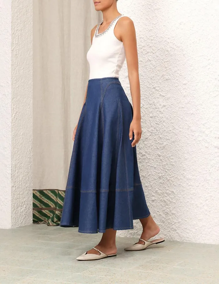 Women Skirts Zimmermann Matchmaker Denim Flare Skirt Railway Blue