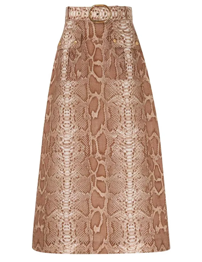 Women Skirts Zimmermann Natura Aline Midi Skirt Tan Snake