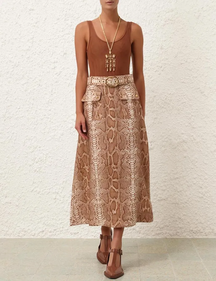 Women Skirts Zimmermann Natura Aline Midi Skirt Tan Snake