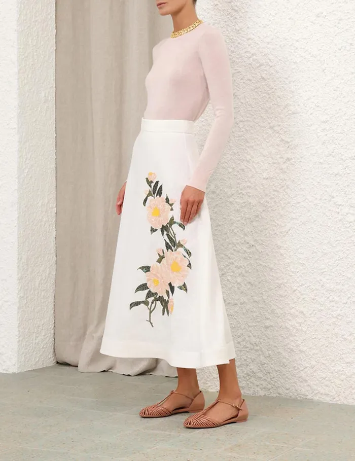 Women Skirts Zimmermann Natura Flare Skirt Ivory Camellia