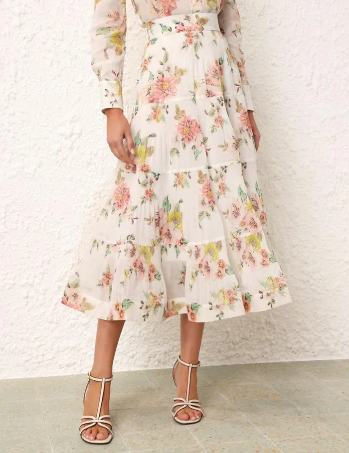 Women Skirts Zimmermann Pleated Midi Skirt Coral Floral