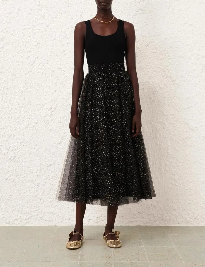 Women Skirts Zimmermann Tulle Midi Skirt Blackgold Dot