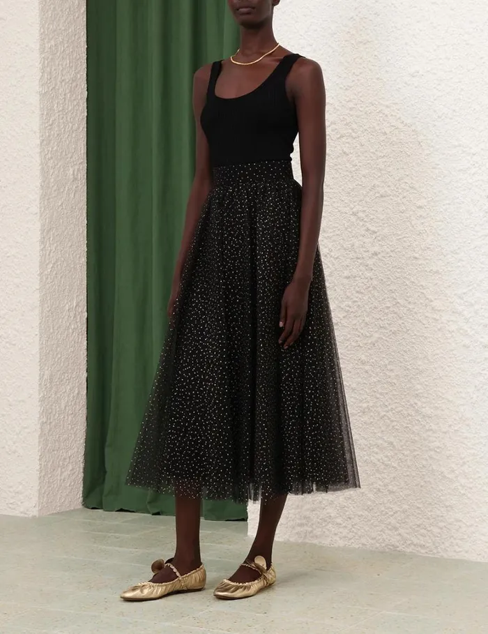 Women Skirts Zimmermann Tulle Midi Skirt Blackgold Dot