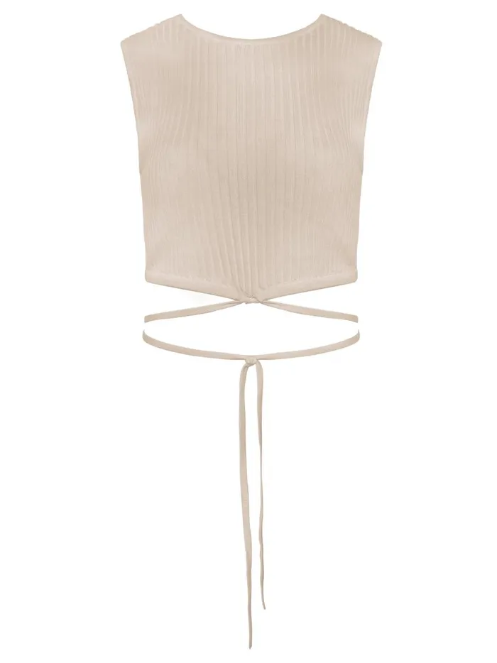 Women Sleeveless Knit Tie Crop Tan Marle The UNDONE Tops