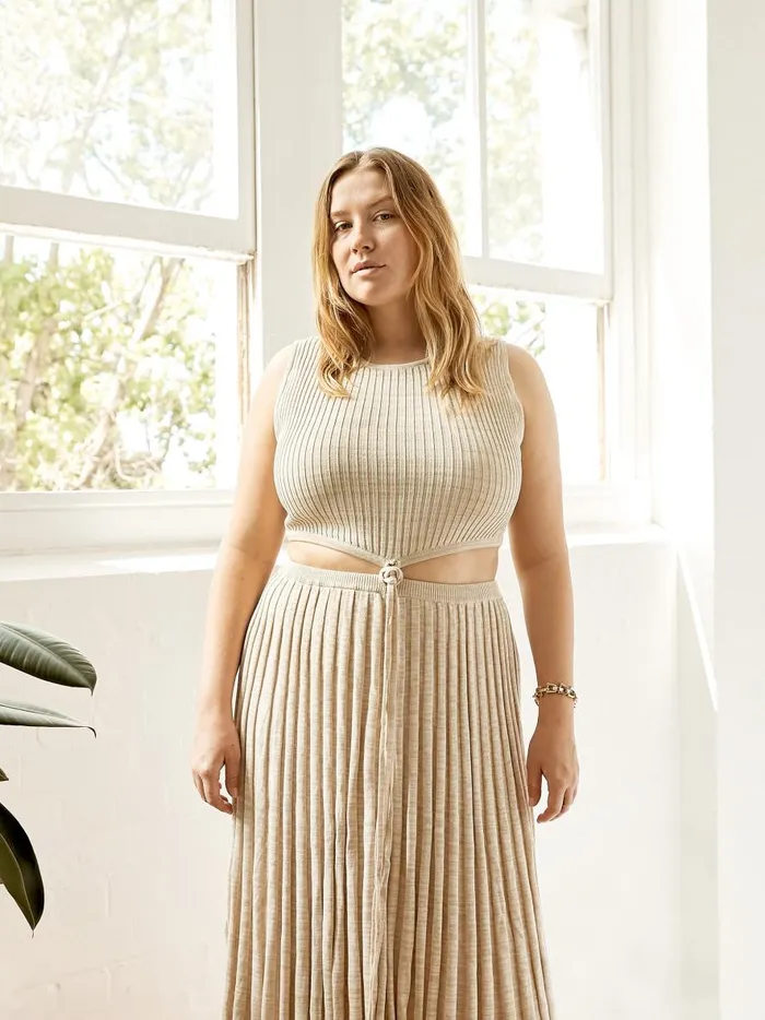Women Sleeveless Knit Tie Crop Tan Marle The UNDONE Tops