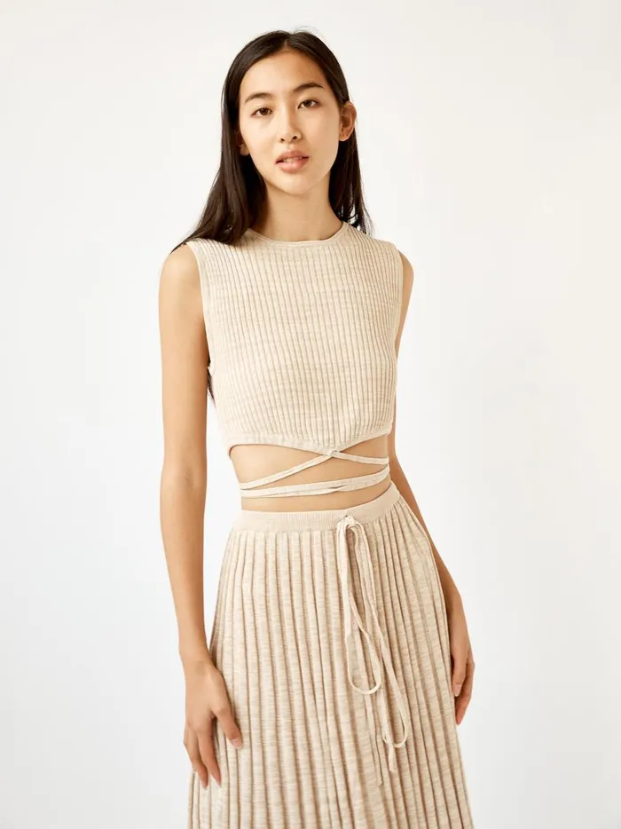 Women Sleeveless Knit Tie Crop Tan Marle The UNDONE Tops