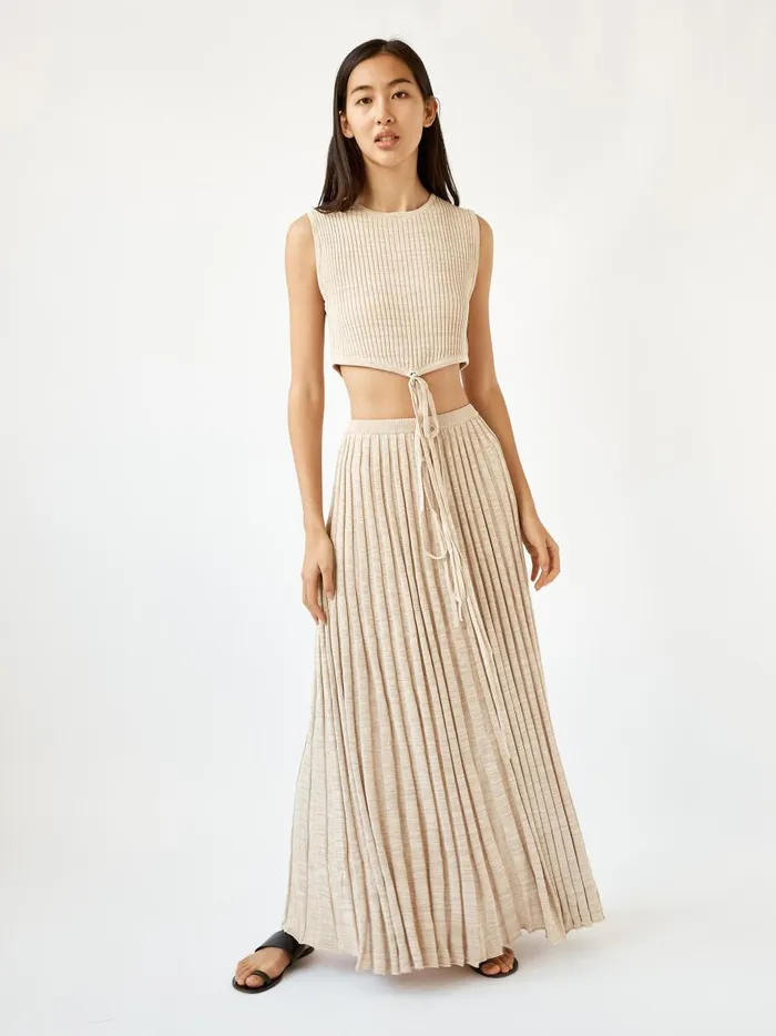 Women Sleeveless Knit Tie Crop Tan Marle The UNDONE Tops