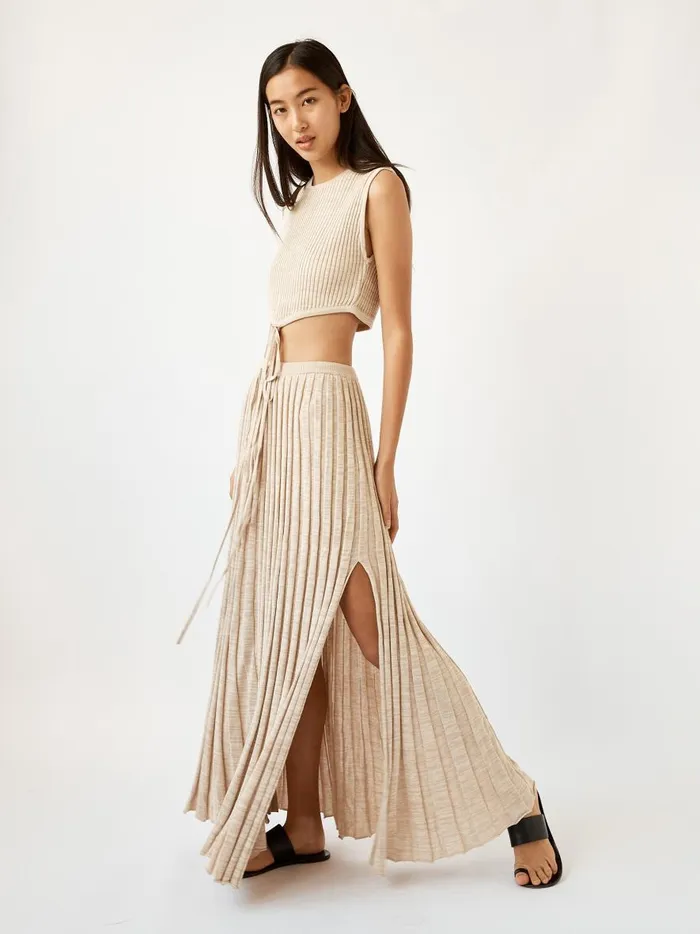 Women Sleeveless Knit Tie Crop Tan Marle The UNDONE Tops