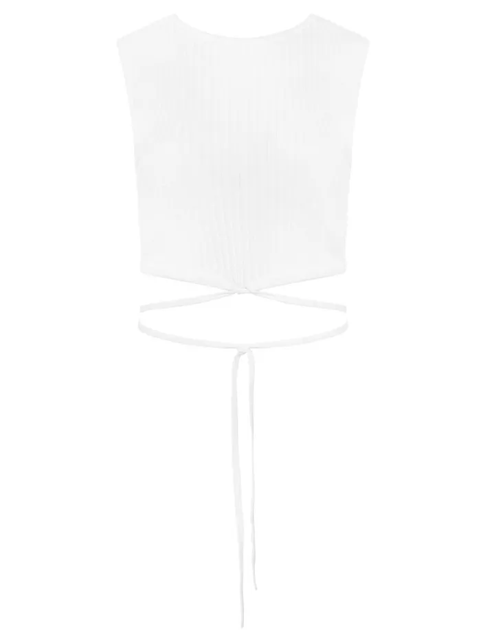 Women Sleeveless Knit Tie Crop White The UNDONE Tops