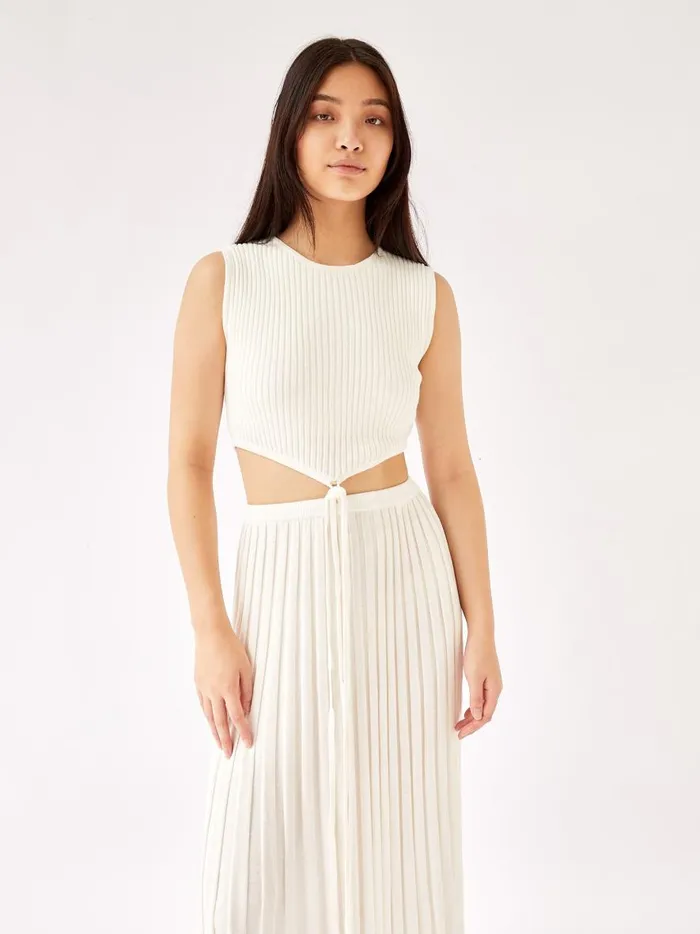 Women Sleeveless Knit Tie Crop White The UNDONE Tops