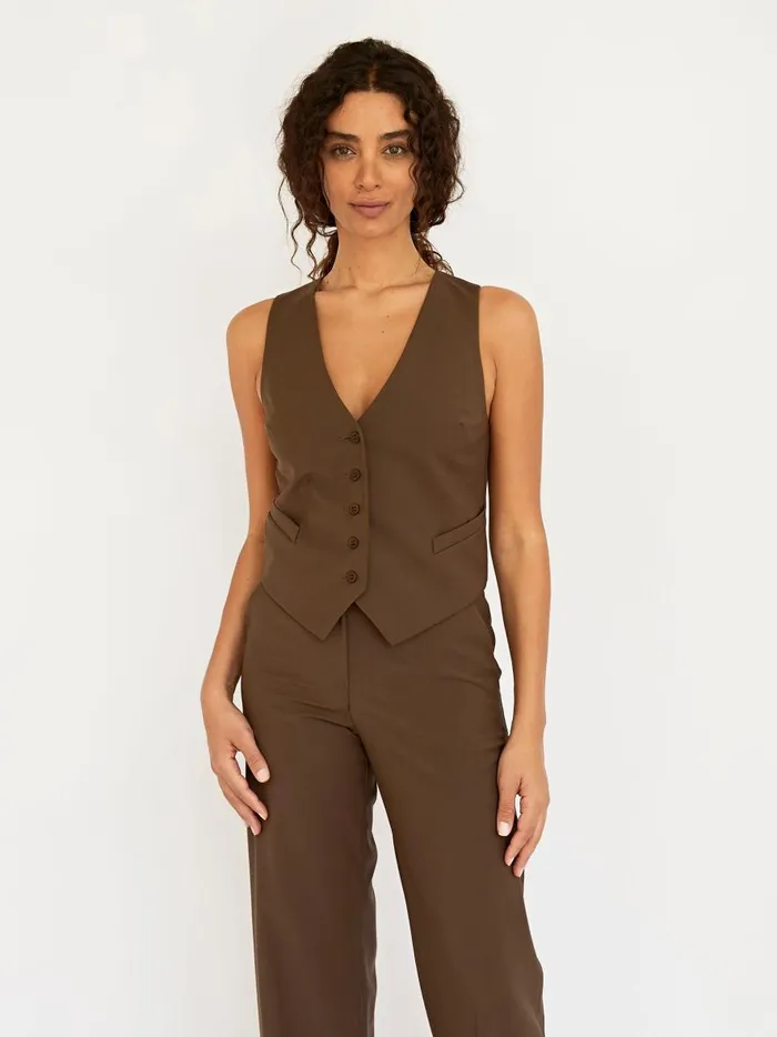 Women Tailored Waistcoat Coffee The UNDONE Tops
