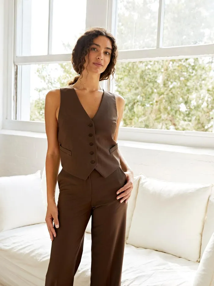 Women Tailored Waistcoat Coffee The UNDONE Tops