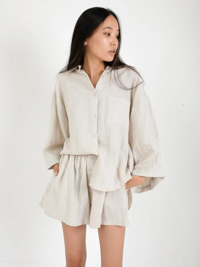 Women The 03 Linen Loungewear Set Short Oatmeal The UNDONE Loungewear